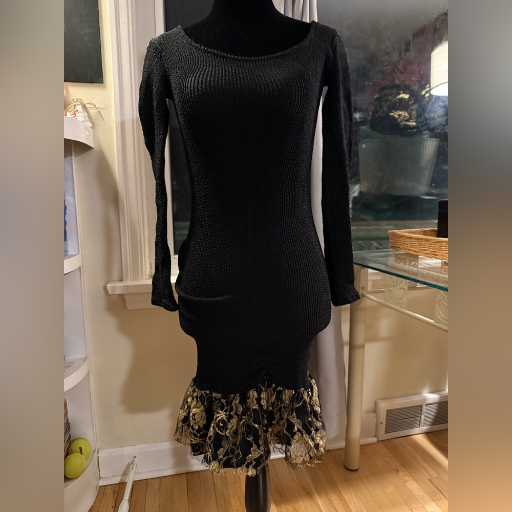 MICHI Black Dress with Gold Lace Hem